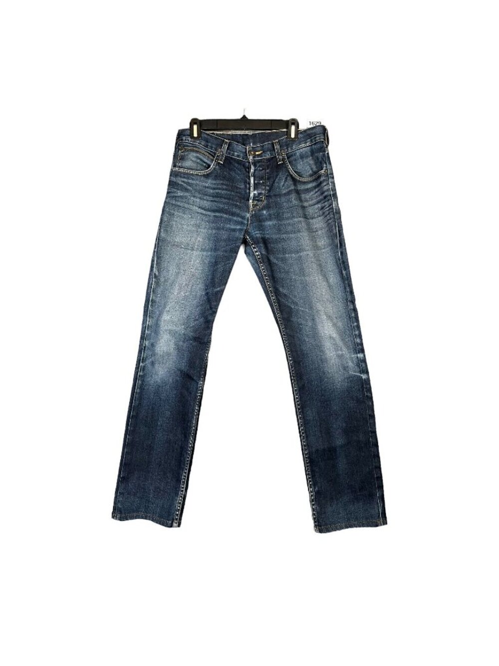 Hudson Mens Bryon Jean Blue 33x29 Button Fly Straight Leg Whiskered Distressed